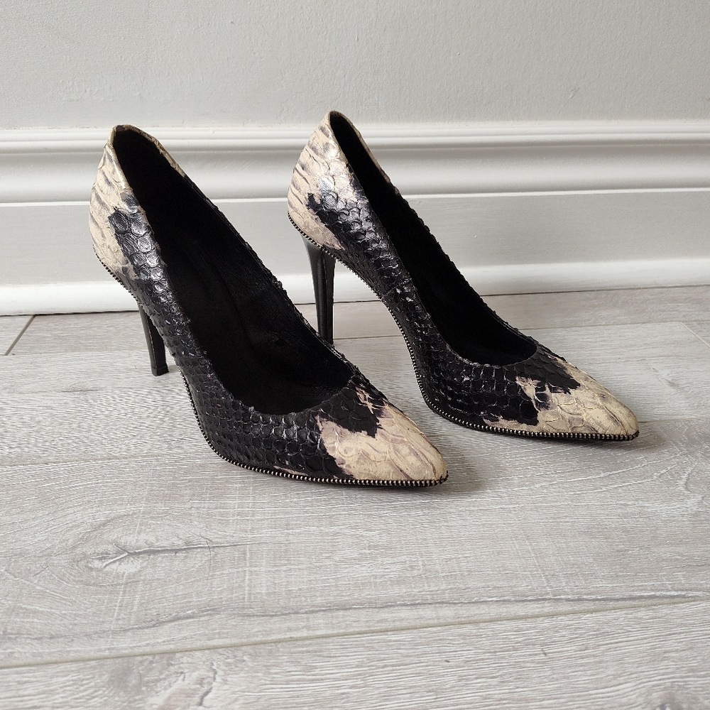 The Kooples Cream and Black Snakeskin Heels